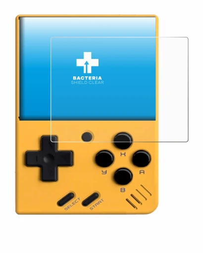 Imagen del dispositivo Miyoo Mini V4 con una amplia variedad de protectores de pantalla.