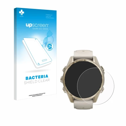 Parte frontal de un envase de producto con el logotipo de la marca upscreen. Al lado se muestra el dispositivo Garmin Fenix 8 