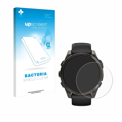 Parte frontal de un envase de producto con el logotipo de la marca upscreen. Al lado se muestra el dispositivo Garmin Fenix 8