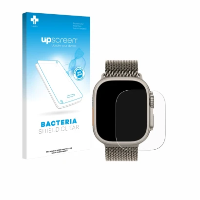Parte frontal de un envase de producto con el logotipo de la marca upscreen. Al lado se muestra el dispositivo Apple Watch Ult