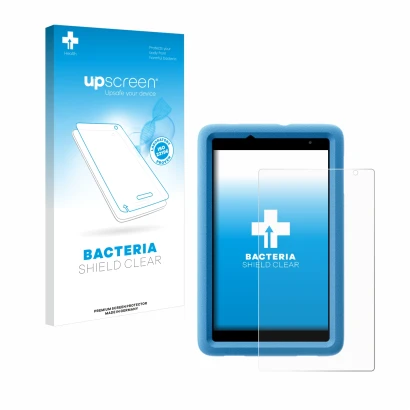 Parte frontal de un envase de producto con el logotipo de la marca upscreen. Al lado se muestra el dispositivo Blackview Tab A