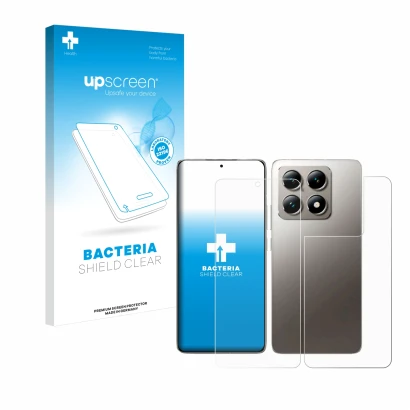 Parte frontal de un envase de producto con el logotipo de la marca upscreen. Al lado se muestra el dispositivo Xiaomi 14T (Fro