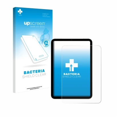 Parte frontal de un envase de producto con el logotipo de la marca upscreen. Al lado se muestra el dispositivo Apple iPad Mini