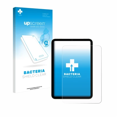 Parte frontal de un envase de producto con el logotipo de la marca upscreen. Al lado se muestra el dispositivo Apple iPad Mini