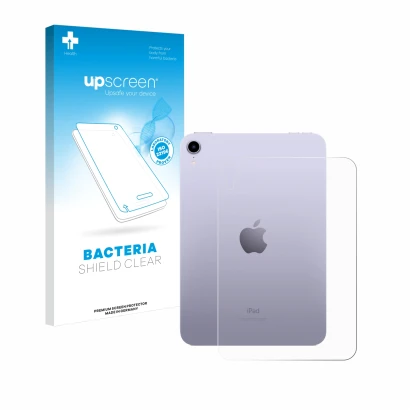 Parte frontal de un envase de producto con el logotipo de la marca upscreen. Al lado se muestra el dispositivo Apple iPad Mini