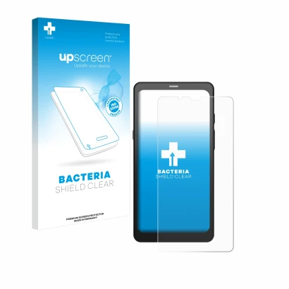 Parte frontal de un envase de producto con el logotipo de la marca upscreen. Al lado se muestra el dispositivo Boox Palma 2 co