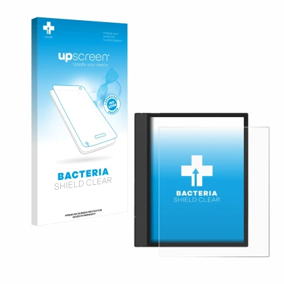 Parte frontal de un envase de producto con el logotipo de la marca upscreen. Al lado se muestra el dispositivo Boox Note Air 4