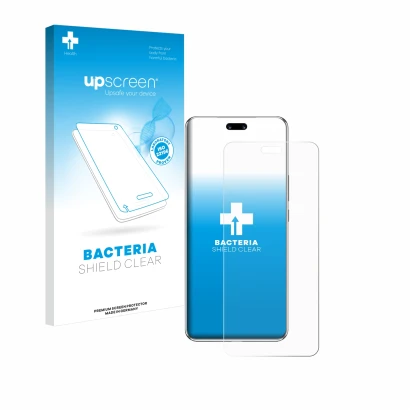 Parte frontal de un envase de producto con el logotipo de la marca upscreen. Al lado se muestra el dispositivo Huawei Nova 13