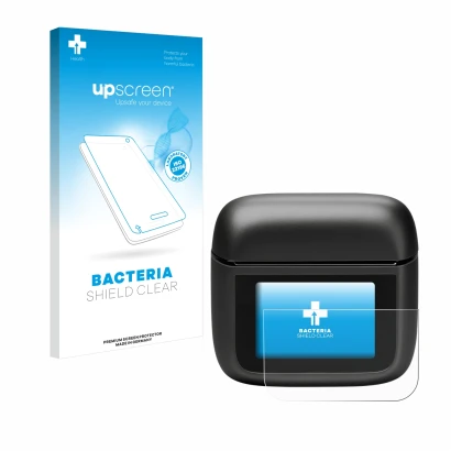 Parte frontal de un envase de producto con el logotipo de la marca upscreen. Al lado se muestra el dispositivo JBL Tour Pro 3 