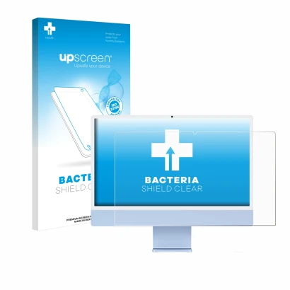 Parte frontal de un envase de producto con el logotipo de la marca upscreen. Al lado se muestra el dispositivo Apple iMac 24" 