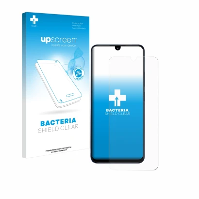 Parte frontal de un envase de producto con el logotipo de la marca upscreen. Al lado se muestra el dispositivo Xiaomi Redmi 14