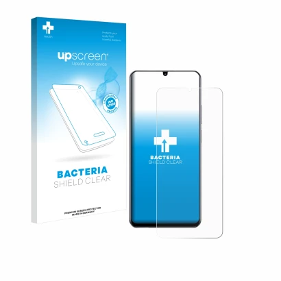 Parte frontal de un envase de producto con el logotipo de la marca upscreen. Al lado se muestra el dispositivo realme Note 60