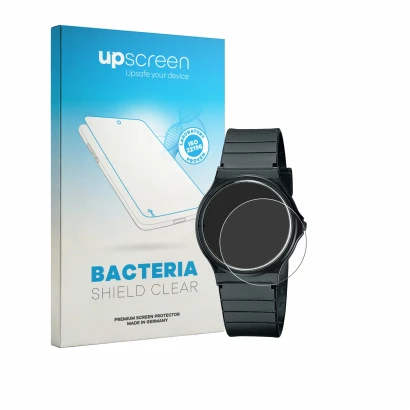 Parte frontal de un envase de producto con el logotipo de la marca upscreen. Al lado se muestra el dispositivo Casio Collectio