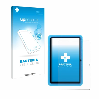 Parte frontal de un envase de producto con el logotipo de la marca upscreen. Al lado se muestra el dispositivo Blackview Tab 8