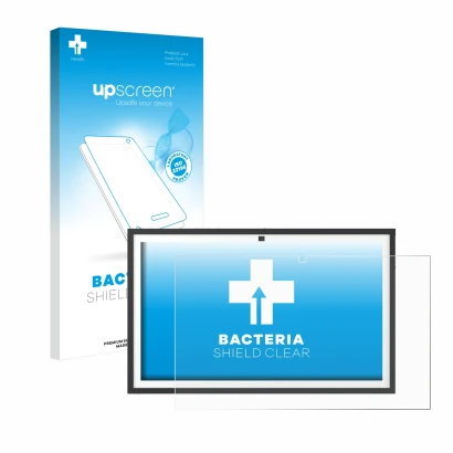 Parte frontal de un envase de producto con el logotipo de la marca upscreen. Al lado se muestra el dispositivo Echo Show 21 co