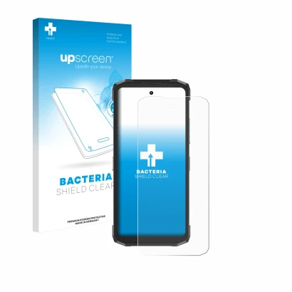 Parte frontal de un envase de producto con el logotipo de la marca upscreen. Al lado se muestra el dispositivo Doogee Fire 6 P