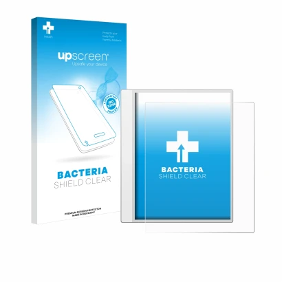 Parte frontal de un envase de producto con el logotipo de la marca upscreen. Al lado se muestra el dispositivo Boox Note Max c