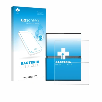 Parte frontal de un envase de producto con el logotipo de la marca upscreen. Al lado se muestra el dispositivo Lenovo Yoga Boo