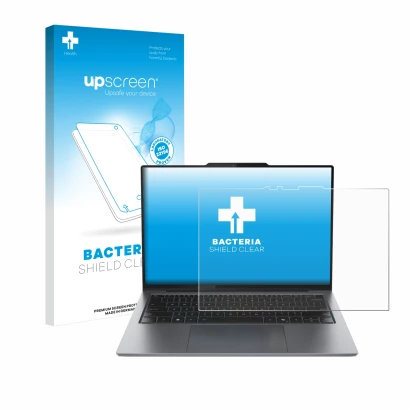 Parte frontal de un envase de producto con el logotipo de la marca upscreen. Al lado se muestra el dispositivo Lenovo ThinkPad