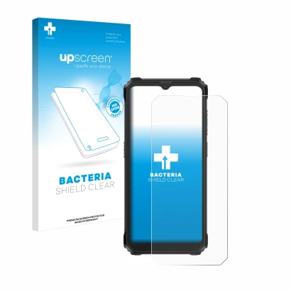 Parte frontal de un envase de producto con el logotipo de la marca upscreen. Al lado se muestra el dispositivo Blackview BV620