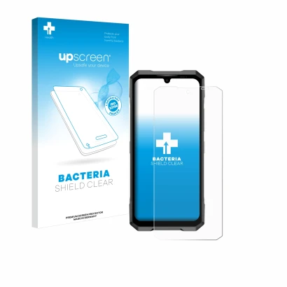 Parte frontal de un envase de producto con el logotipo de la marca upscreen. Al lado se muestra el dispositivo Doogee Blade GT