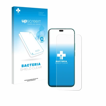 Parte frontal de un envase de producto con el logotipo de la marca upscreen. Al lado se muestra el dispositivo Honor X8c con s