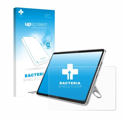 Parte frontal de un envase de producto con el logotipo de la marca upscreen. Al lado se muestra el dispositivo Lenovo Tab 10.1