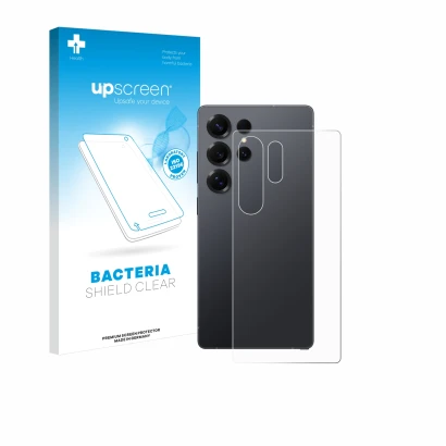 Parte frontal de un envase de producto con el logotipo de la marca upscreen. Al lado se muestra el dispositivo Samsung Galaxy 