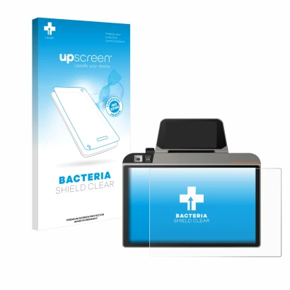 Parte frontal de un envase de producto con el logotipo de la marca upscreen. Al lado se muestra el dispositivo Sunmi D3 Mini c