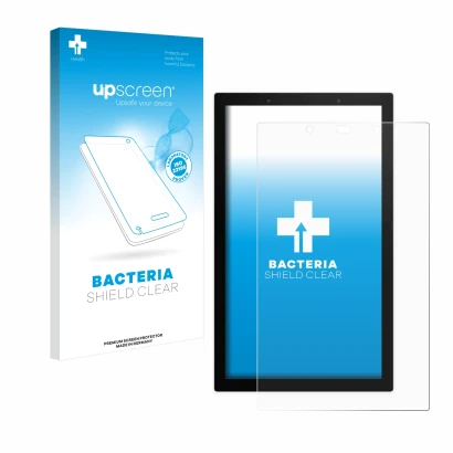 Parte frontal de un envase de producto con el logotipo de la marca upscreen. Al lado se muestra el dispositivo SONOFF NSPanel