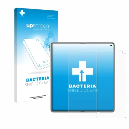 Parte frontal de un envase de producto con el logotipo de la marca upscreen. Al lado se muestra el dispositivo Huawei Mate X6