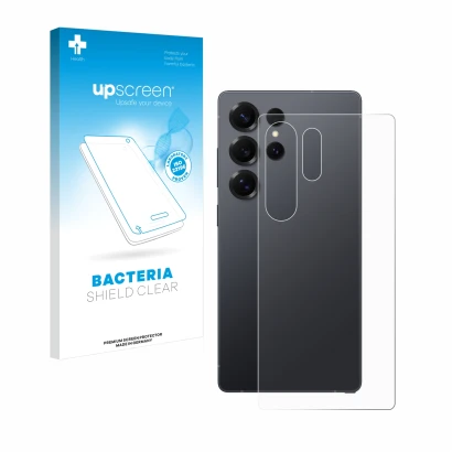 Parte frontal de un envase de producto con el logotipo de la marca upscreen. Al lado se muestra el dispositivo Samsung Galaxy