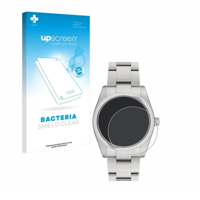 Parte frontal de un envase de producto con el logotipo de la marca upscreen. Al lado se muestra el dispositivo Rolex Oyster Pe