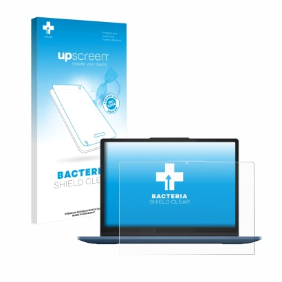 Parte frontal de un envase de producto con el logotipo de la marca upscreen. Al lado se muestra el dispositivo Lenovo IdeaPad 