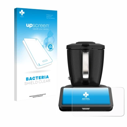 Parte frontal de un envase de producto con el logotipo de la marca upscreen. Al lado se muestra el dispositivo Vorwerk Thermom