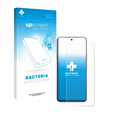 Parte frontal de un envase de producto con el logotipo de la marca upscreen. Al lado se muestra el dispositivo Tecno Camon 40