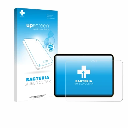 Parte frontal de un envase de producto con el logotipo de la marca upscreen. Al lado se muestra el dispositivo Apple iPad Air 
