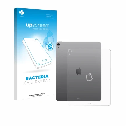 Parte frontal de un envase de producto con el logotipo de la marca upscreen. Al lado se muestra el dispositivo Apple iPad Air