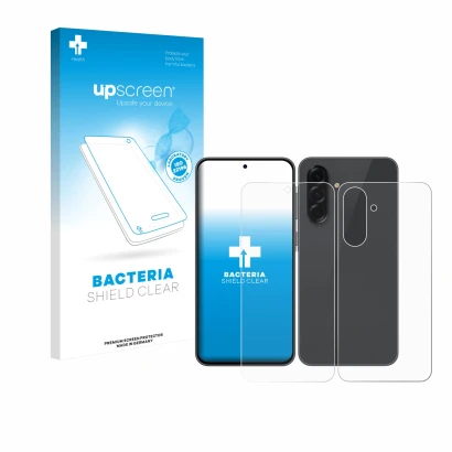 Parte frontal de un envase de producto con el logotipo de la marca upscreen. Al lado se muestra el dispositivo Samsung Galaxy 