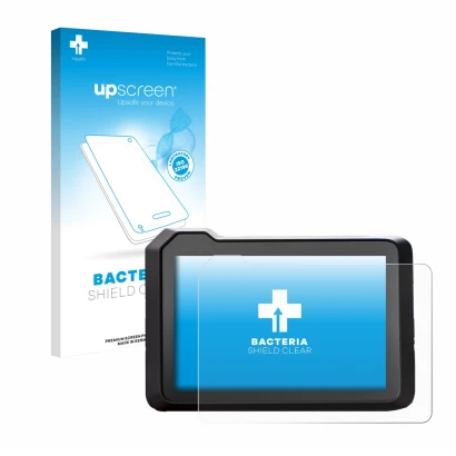 Parte frontal de un envase de producto con el logotipo de la marca upscreen. Al lado se muestra el dispositivo KTM 1390 Super 