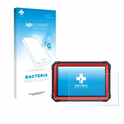 Parte frontal de un envase de producto con el logotipo de la marca upscreen. Al lado se muestra el dispositivo Launch X-431 PR