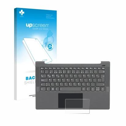 Parte frontal de un envase de producto con el logotipo de la marca upscreen. Al lado se muestra el dispositivo Lenovo IdeaPad 