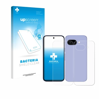 Parte frontal de un envase de producto con el logotipo de la marca upscreen. Al lado se muestra el dispositivo Google Pixel 9a