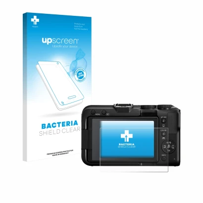 Parte frontal de un envase de producto con el logotipo de la marca upscreen. Al lado se muestra el dispositivo Canon EOS R50 V