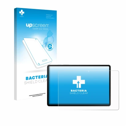 Parte frontal de un envase de producto con el logotipo de la marca upscreen. Al lado se muestra el dispositivo Samsung Galaxy 