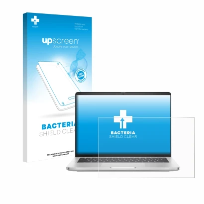 Parte frontal de un envase de producto con el logotipo de la marca upscreen. Al lado se muestra el dispositivo Dell Pro 14 Plu