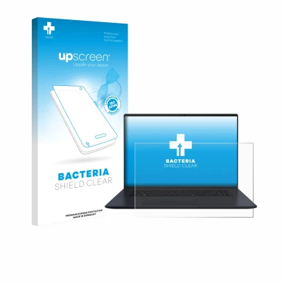 Parte frontal de un envase de producto con el logotipo de la marca upscreen. Al lado se muestra el dispositivo ASUS Vivobook 1