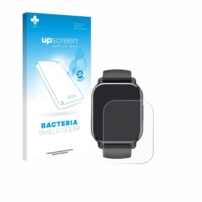 Parte frontal de un envase de producto con el logotipo de la marca upscreen. Al lado se muestra el dispositivo Poounur T80 1.9