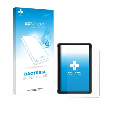 Parte frontal de un envase de producto con el logotipo de la marca upscreen. Al lado se muestra el dispositivo Hotwav R10 Pro