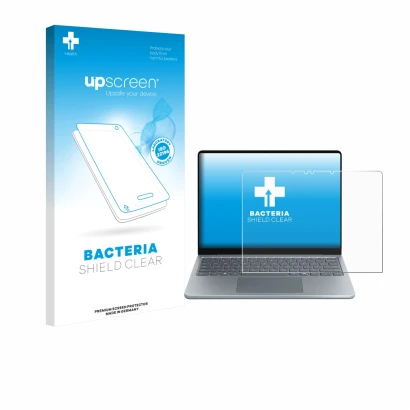 Parte frontal de un envase de producto con el logotipo de la marca upscreen. Al lado se muestra el dispositivo Microsoft Surfa